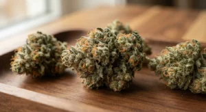 Close look at the frosty buds of the Bomb Popz strain on a wooden tray.