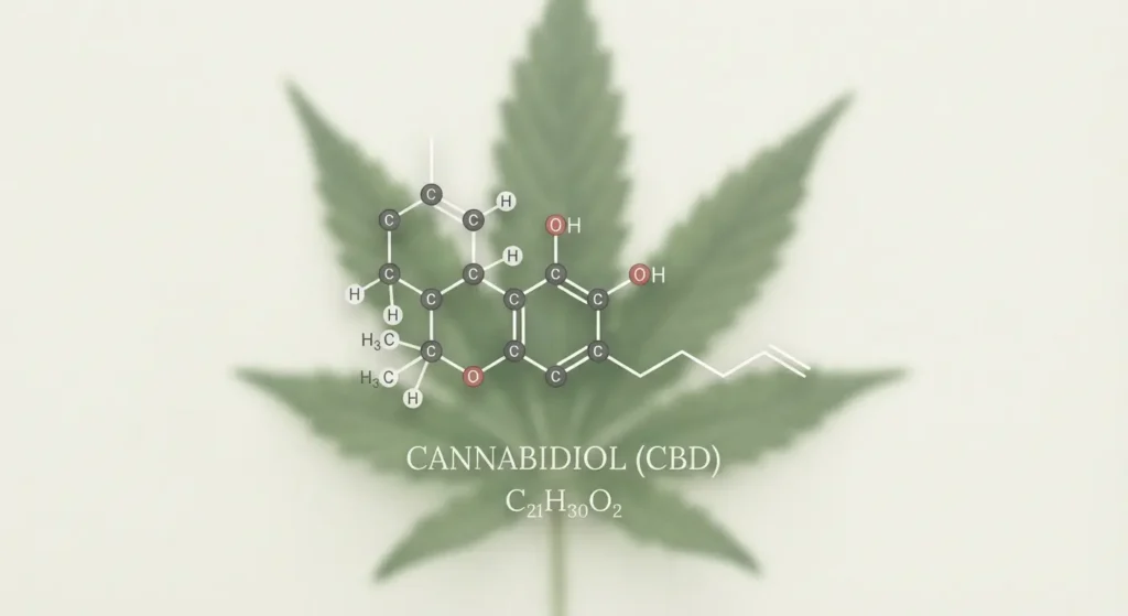 CBN cannabinol molecule structure diagram over cannabis background