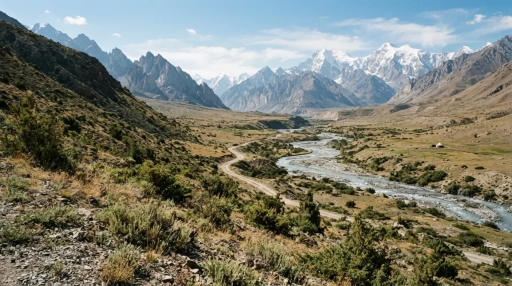 Mountain landscape in Central Asia where wild cannabis originated